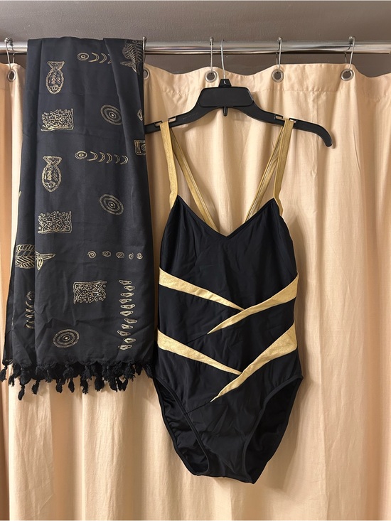 Other - Black One-Piece Swimsuit with Gold Straps & Accents. Comes w/gorgeous sarong.